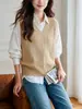 Chaleco de Punto Trenzado con Cuello en V para Mujer 2026 Otoño Invierno Nuevo Mezcla de Lana Estilo Universitario Retro para Vestir por Capas Sin Mangas