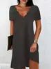 Vestido Curto de Manga Curta com Decote V Ondulado de Cor Pura Novo 2025 Feminino Transfronteiriço Ebay Amazon