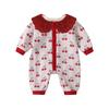 Mono de Bebé con Cuello de Encaje Estampado de Cerezas Ropón de Invierno para Niña con Botones al Frente Ropa de Abrigo de Polar para Bebé