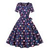 Vestido de Natal transfronteiriço para fantasias fábrica de vestuário feminino de comércio exterior vestido de balanço grande estampado retrô de manga curta com gola quadrada europeu e americano