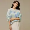 Butterfly Print Mohair Sweater Women Beaded Round Neck Loose Knitwear Early Autumn New Long Sleeve Top Women Sweater