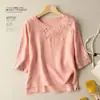 Camiseta de Algodón y Lino Estilo Artístico para Mujer con Bordado, Nuevo Estilo Otoño, Corte Holgado, Oculta el Vientre, Adelgazante, Cuello Redondo, Camisa de Manga Tres Cuartos