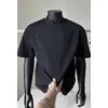 Camiseta masculina de patchwork desconstruído com textura, gola V, manga curta, tendência de verão, peso pesado, manga meia-manga, com gola alta meia.