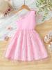 Vestido Novo de Verão para Meninas Rosa Bordado com Flores Malha Vestido Princesa Vestido de Aniversário Saia Ombro Assimétrico Saia de Alça