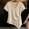 Roupas Femininas Plus Size 2026: Camiseta de Manga Curta com Retalhos de Renda na Barra de Algodão com Flocos de Neve para Mulheres Plus Size, Linda Blusa de Verão para Mulheres