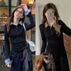 Cuello de la mañana [tela original] polo de dos piezas falsas con costuras a cuadros camiseta de manga larga de otoño para mujer forro interior