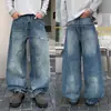 Jeans desgastados estilo retro americano con efecto bigote de gato para hombre, nuevos pantalones de otoño holgados de pierna recta, fluidos, de pierna ancha, hasta el suelo