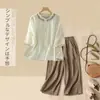 342 Conjunto#Cânhamo Algodão Linho Conjunto Completo Mulher Verão Camisa de Linho Calça de Perna Larga Casual Roupa de Mãe Conjunto de Duas Peças