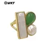 Anillo Mpr166 con Diseño Geométrico Rectangular en Forma de Gota de Agua, Color Piedra Shell Texturizado Natural, Chapado en Oro de 18K