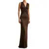 Vestido de noite estilo europeu e americano transfronteiriço com decote em V, cintura torcida, cauda de sereia, sem mangas, modelagem justa, elástico, longo para festas e banquetes