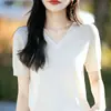 Nuevo Estilo Verano 2026 Suéter de Punto con Cuello en V para Mujer, Versátil, Holgado, Transpirable, Camiseta de Manga Corta de Algodón Puro, Top Adelgazante