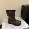 Fivela de cinto estilo retrô Chuyuji, botas de moto, cano curto, bico redondo, salto médio grosso, botas da moda, botas de montaria versáteis