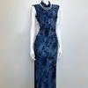 Qipao Azul Estilo Retro Estampado Hebilla Vestido Largo de Mujer Verano Talla Grande Ceñidor de Cintura Abertura Vestido Largo Comercio Exterior Venta al por Mayor