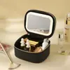 Bolsa de maquillaje LED con espejo, bolsa de almacenamiento de cosméticos portátil para viaje de gran capacidad, espejo con luz de relleno sensible al tacto, bolsa de belleza impermeable