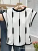 Camiseta de Manga Corta con Bloques de Color Transfronterizos, Cuello Redondo, Estampado Geométrico, Corte Holgado y Fluido para Mujer