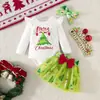 Conjunto Navideño de Tres Piezas para Bebé Romper con Estampado de Árbol de Navidad y Campana Mangas Volantes Suministro Exclusivo Transfronterizo para Bebés Niñas Conjunto Festivo