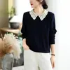 Tiro real estilo coreano encaje empalmado cuello de muñeca manga corta top de punto para mujer delgado versátil elegante top moderno otoño nuevo lanzamiento