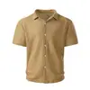 Camisa Jacquard de Textura Tecida de Manga Curta para Homem, Marca Tendência Europeia e Americana, Gola Cubana, Cor Sólida, Camisa Solta de Manga Meia Manga para Verão