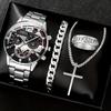 Reloj de Hombre Transfronterizo Escala Romana Reloj de Cuarzo Collar Cruz Pulsera Anillo Regalo de Negocios Traje