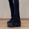 Sapatos femininos de couro, simples e estilosos, com bico redondo, tira elástica e corte profundo, confortáveis para os pés, sapatos de salto único com sola grossa que aumentam a altura