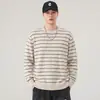 Suéter de Tricô Listrado com Gola Redonda Estilo Old Money de Linho para Homem, Manga Longa, Casual de Outono com Caimento Solto, Camiseta Básica da Moda para Homem, Atacado