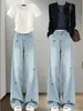 Jeans Rectos de Moda Bordados con Carpas para Mujer 2026 Nuevos Pantalones de Tiro Alto Holgados Adelgazantes de Pierna Ancha hasta el Suelo para Figuras Petites