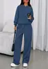 Moda Casual Deportiva Transfronteriza Europea y Americana Otoño e Invierno Conjunto de Dos Piezas Sudadera de Manga Larga Suelta de Color Puro Pantalones de Pierna Ancha para Mujer