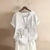 Foto Real de Camisa Casual Holgada de Manga Corta y Cuello Redondo de Algodón y Lino Vintage para Mujer Primavera y Verano 2026