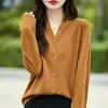 Cárdigan fino de lana para mujer de principios de otoño, cuello en V, protector de cuello, suéter de punto de manga larga, corte holgado, color liso, top exterior versátil