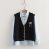 8906-058 Estilo Japonês Estilo Preppy Doce Flor Botão de Chifre Tricô Colete + Camisa Terno de Duas Peças