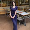 Transfronterizo 2026 Nuevo Estilo Cuello en V Tejido Francés Cuello Polo Manga Corta Bodycon Vestido Largo Retro Ajustado