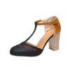 Sandalias de Tacón Alto Cerradas de Bloques de Color para Mujer de Comercio Exterior Europeo y Americano, Nuevas Sandalias de Moda Transfronterizas con Punta Redonda, Correa en T y Tacón Grueso, Tallas Grandes