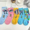 Calcetines de verano de dibujos animados de Stitch estilo coreano, calcetines de verano de tubo medio nuevos para chicas estudiantes, calcetines de algodón de tubo medio lindos para mujer