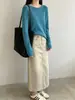 Malha azul lago! Cardigã de tricô de manga longa com bainha dobrada e um ombro só, um top de tricô de caimento solto para o início do outono que ilumina a tez, estilo feminino H091209