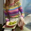Ropa de punto nueva para mujer de principios de otoño 2024 Popular tejido fino Camisa para capas de primavera y otoño Top con rayas arcoíris