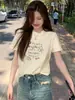 Camiseta de Algodón Pesado con Letras Estampadas Cuello Redondo Manga Corta para Mujer Verano Hombro Derecho Estilo Casual Top Ajustado Camiseta Básica