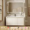 Set de baño para uso doméstico estilo crema con esquinas redondeadas, lavabo integrado de cerámica, lavabo y tocador de aluminio espacial para baño