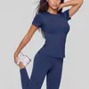 Juyitang Ropa de Yoga de Verano Adelgazante Tops Deportivos para Correr y Fitness Conjunto de Dos Piezas de Color Sólido con Mangas Cortas para Mujer