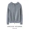 Cardigan com Capuz Tricotado 100% Caxemira Kang Sai Ni Feminino Zíper Duplo Casual Esportivo Casaco Suéter para o Dia a Dia