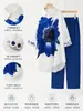 Bestseller Transfronterizo Europeo y Americano Camisa Estampada Holgada de Manga Media Pantalones Cropped Azul Real Conjunto de Dos Piezas de Temperamento a la Moda para el Trabajo