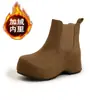 Botas Curtas com Solado Grosso para Aumentar a Altura para Mulheres, Novo Estilo de Inverno 2026 Chelsea Chimney Slip-On, Botas Quentes de Meia-Canela com Forro de Lã