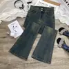 Calça Jeans Cinza Cimento Fraca Feminina Nova Primavera 2025 Cintura Alta Slim-fit Slim-fit Elástica Boca de Sino para Homens Baixos