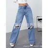 Jeans de Comercio Exterior Transfronterizo Estilo Nicho Diseño Desgastado Cintura Alta Adelgazantes Pierna Recta Largo Hasta el Suelo Tendencia Ins