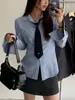 Camisa de Rayas Casa Roja para Mujer 2025 Nueva Otoño Mujer Manga Larga Azul Estilo Perezoso Top Camisa de Temperamento Mujer