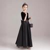Vestido de Piano Preto com Decote V para Meninas Vestido de Apresentação Vestido de Princesa Orquestra Infantil Manga Média Cetim Roupa de Palco