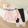 Conjunto de Duas Peças Jaqueta Suéter para Meninas 2025 Outono e Inverno Novo Estilo Conjunto de Suéter com Laço Gola Redonda e Leggings para Bebê Menina