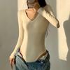 Camiseta básica de terciopelo fino para mujer, de manga larga, con cuello en V, ajustada, de color liso, de una pieza, para otoño de 2023