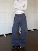 Pantalones cargo azules de trabajo franceses transfronterizos, pantalones rectos de carga multibolsillo retro americanos para hombre, jeans de pierna ancha lavados y desgastados de alta costura