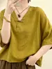 Nuevo estilo chino botón de rana cuello en V algodón y lino manga corta holgado top para mujer, nueva llegada de verano, camiseta versátil casual con temperamento
