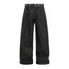 Calça jeans larga estilo americano para homens, marca da moda com design de botões, bolsos plissados, calça reta de perna larga única